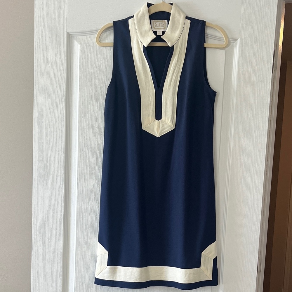 Sail to Sable Navy Dress with White Trim Sleeveless Mini